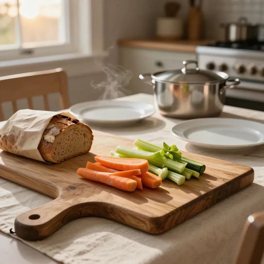 Kitchen table with chopped vegetables, bread, pot lid and two white plates at sunset.