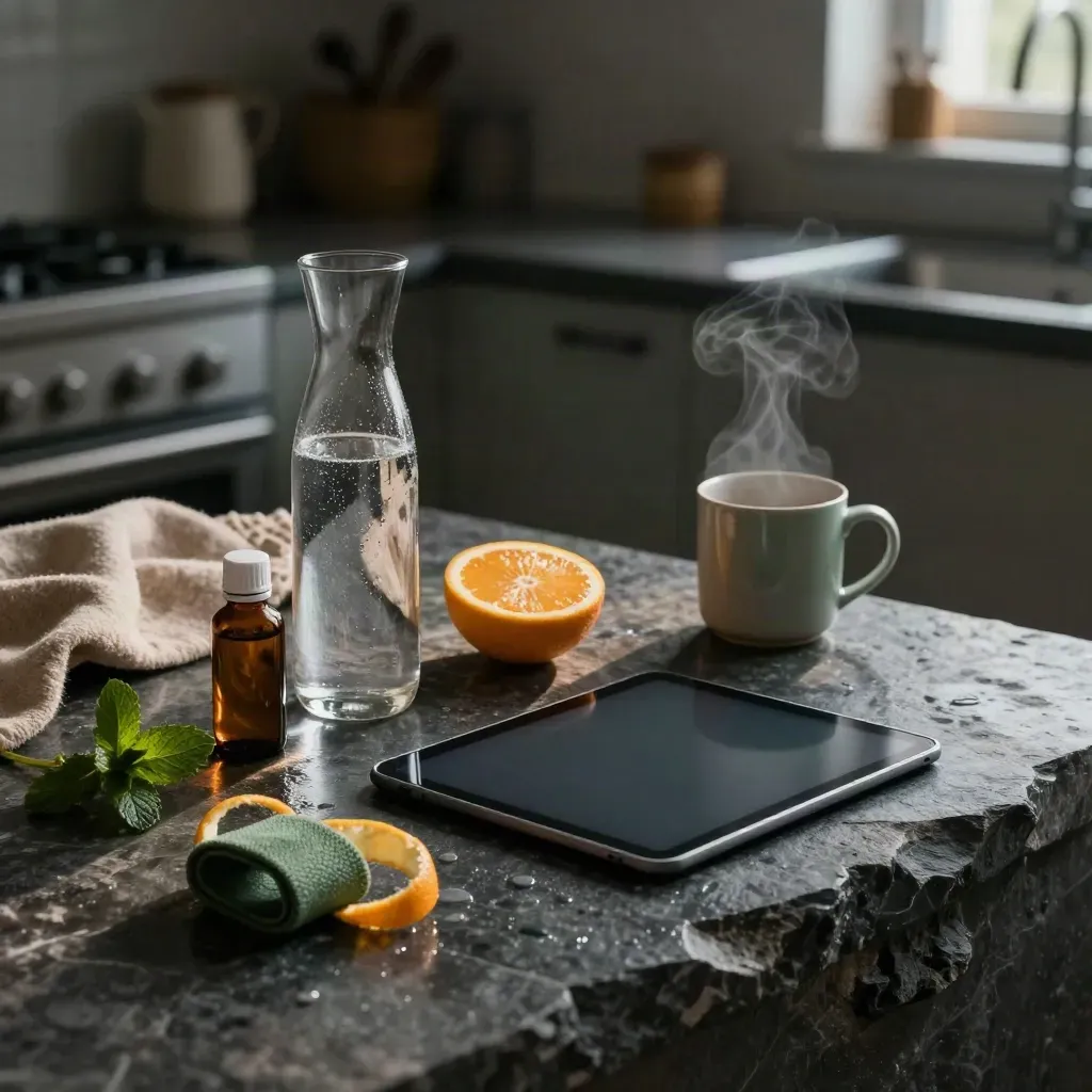 Moody kitchen wellness still life with tablet, water carafe, citrus, medicine bottle, exercise band, and steam.
