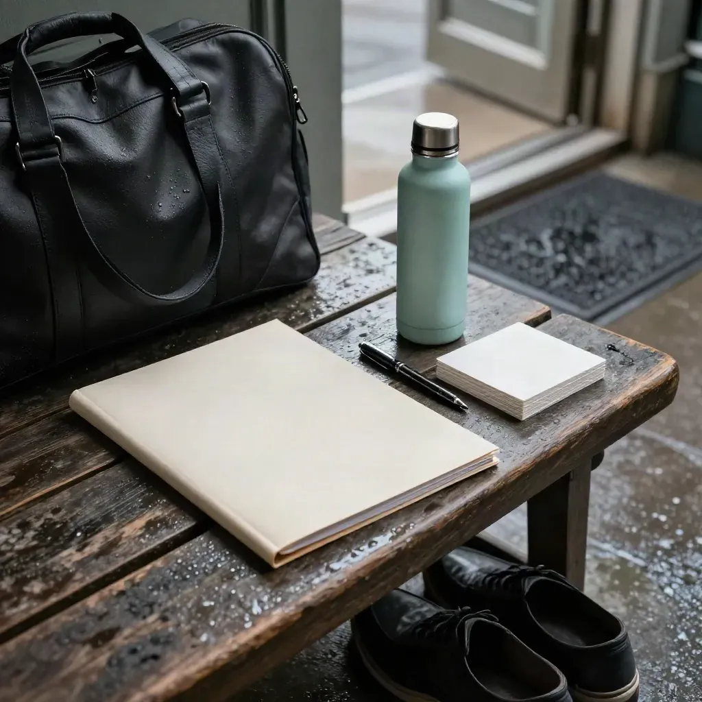 Rain-damp entryway bench with doctor-visit prep items: folder, notes, bottle, and shoes.