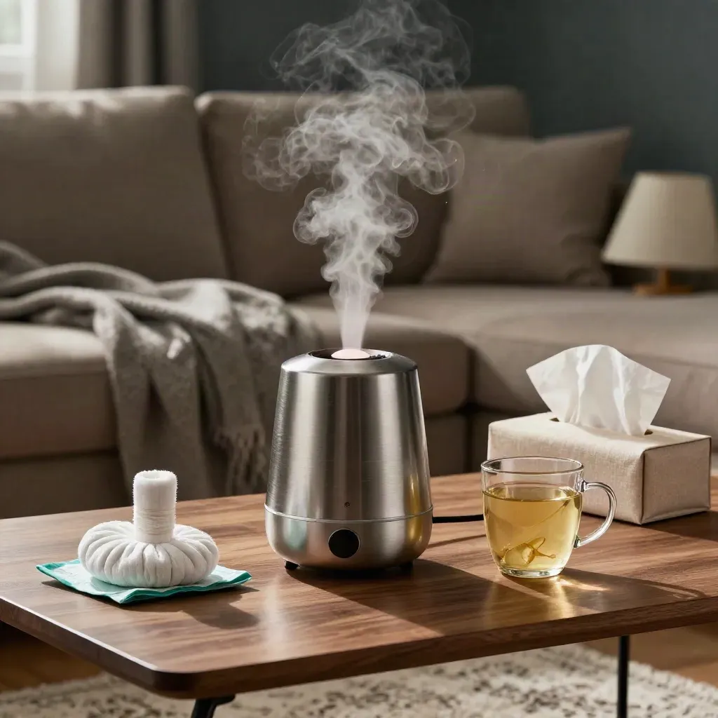 Humidifier, ginger tea, tissues, and a blanket on a dim living-room couch.