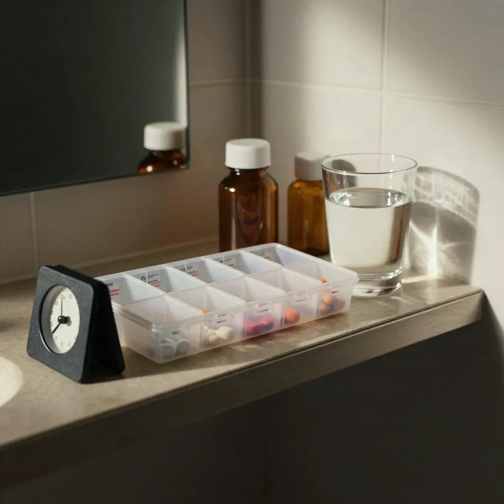 Bathroom shelf with pill organizer, turned medicine bottles, water glass, and timer in dramatic light.
