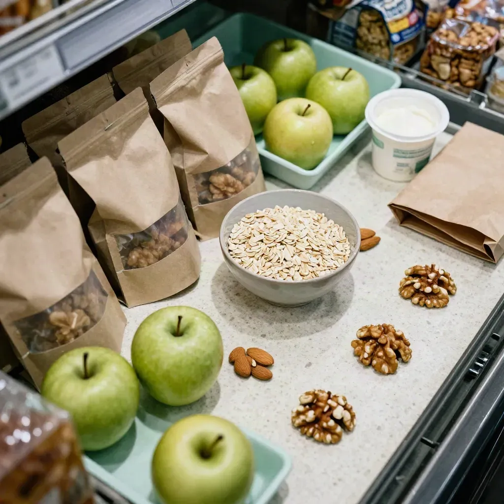 Overhead grocery counter with snack packs, apples, oats, yogurt, and nuts in a neat comparison