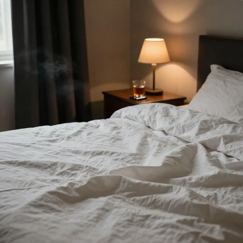 Dim bedroom corner with rumpled duvet, cold tea, a face-down phone, and a half-open curtain.
