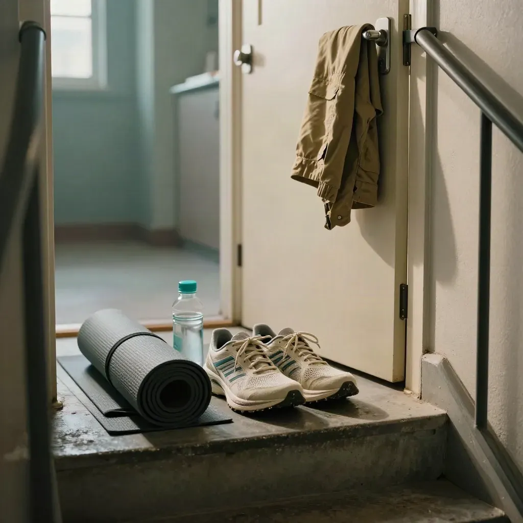 Morning exercise gear on an apartment stair landing in warm window light, seen through the railing.