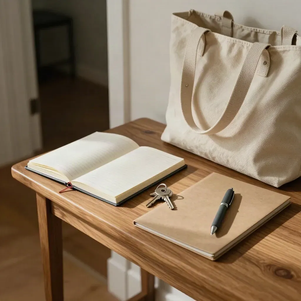 Front hall console with notebook, folder, tote, and keys ready for a doctor visit.