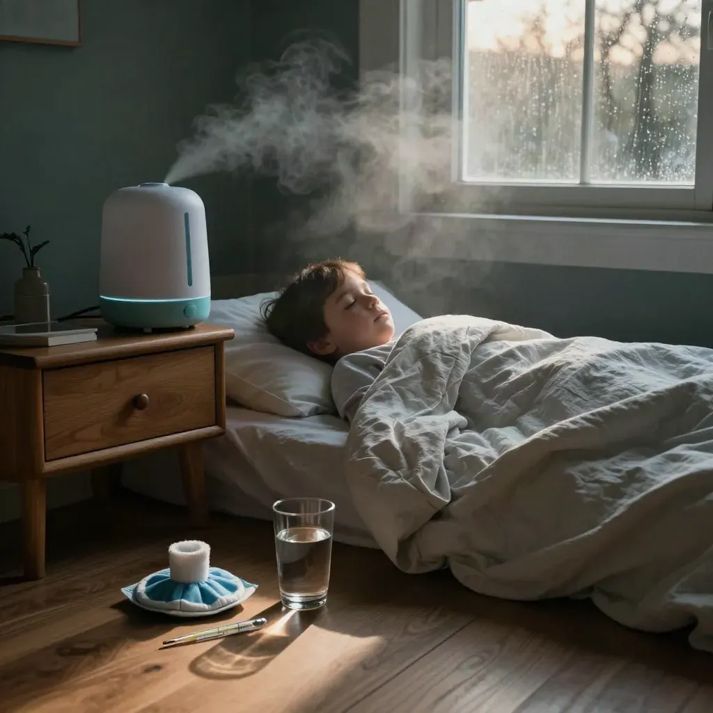 Fever care items by a bed at dawn with mist, rain, and a water glass