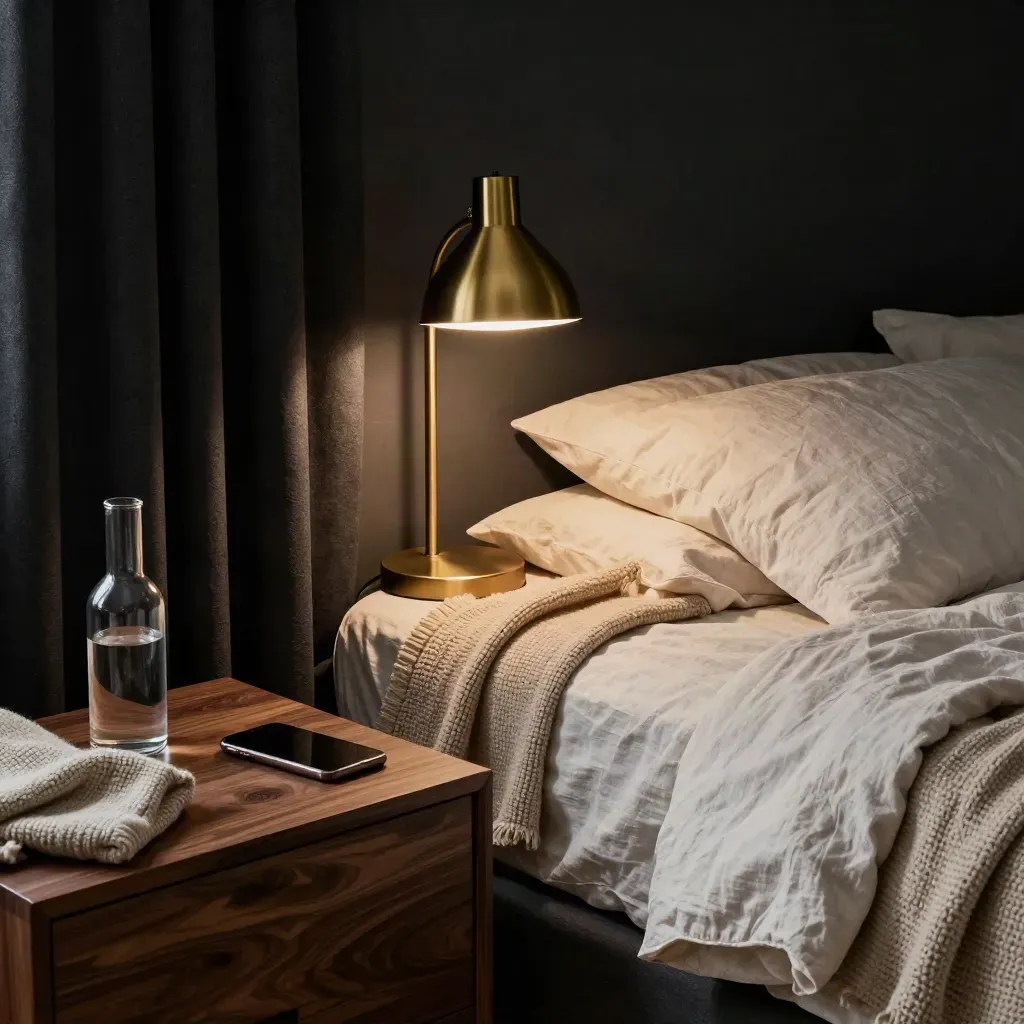 Dark bedroom reset with blackout curtains, a lamp halo, folded blanket, and face-down phone.