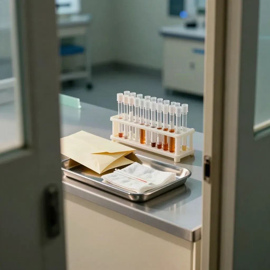 Specimen tubes, plain envelope and stainless tray on a clinic counter in cold morning light.