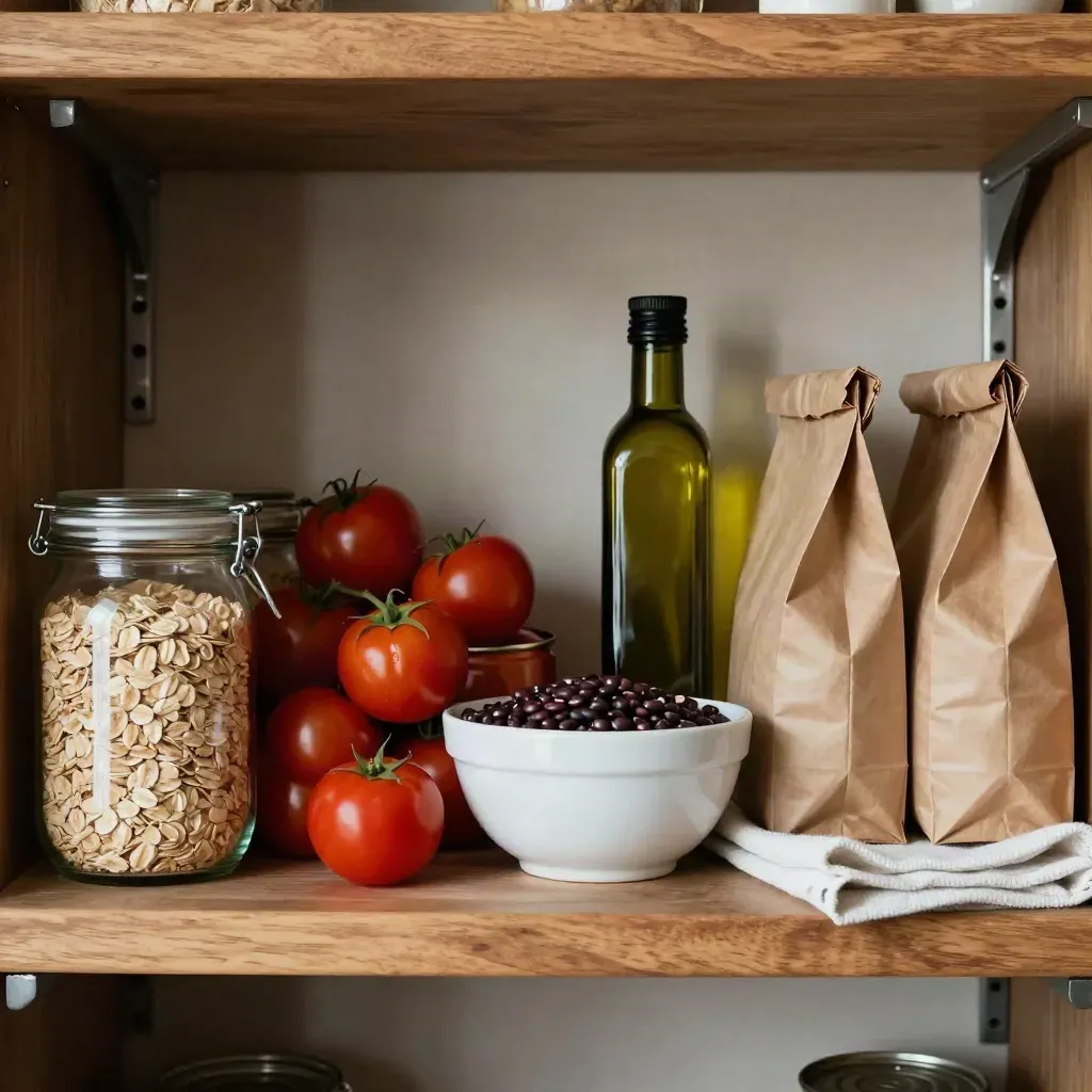 Pantry shelf with oats, beans, olive oil, tomatoes and paper bags in neat rows