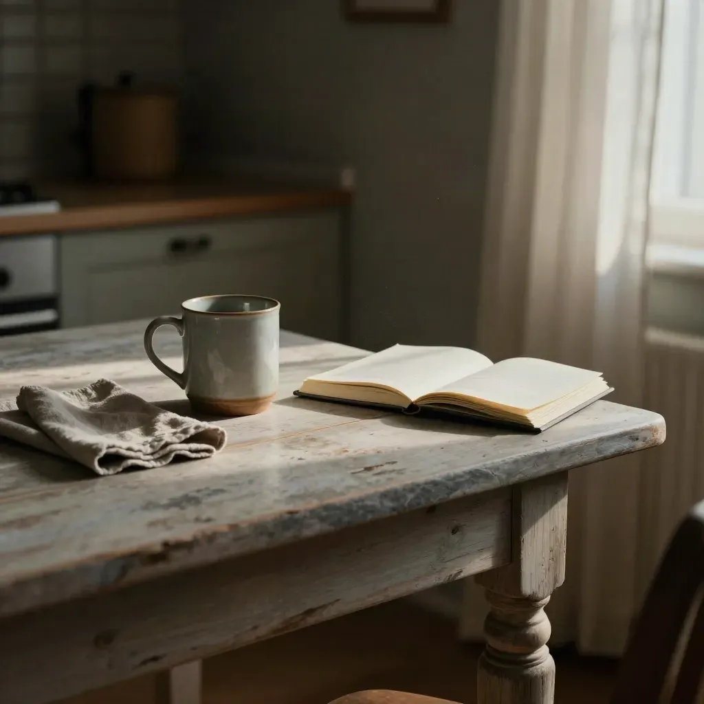 Dim kitchen table with mug, wrinkled napkin, half-open notebook, and moving curtain