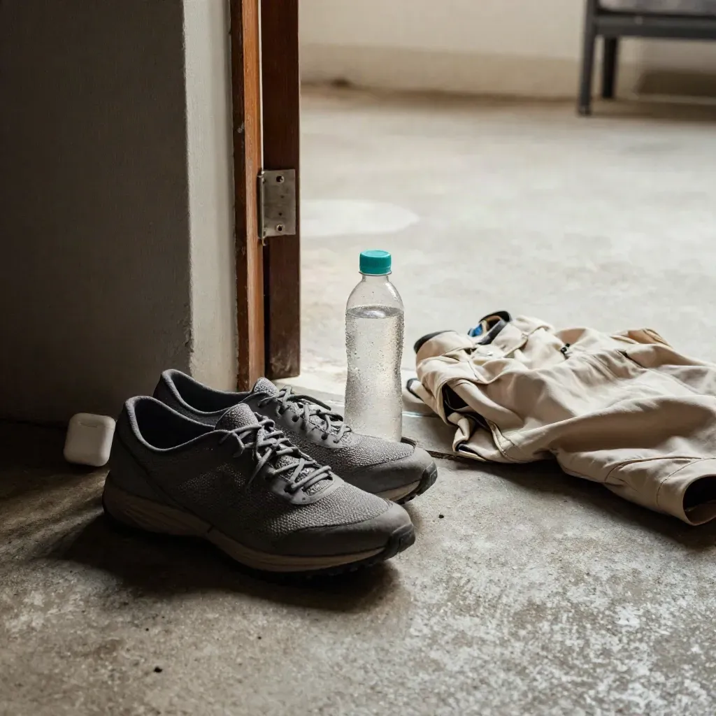 Walking shoes, water bottle, jacket, and earbuds case at an apartment door