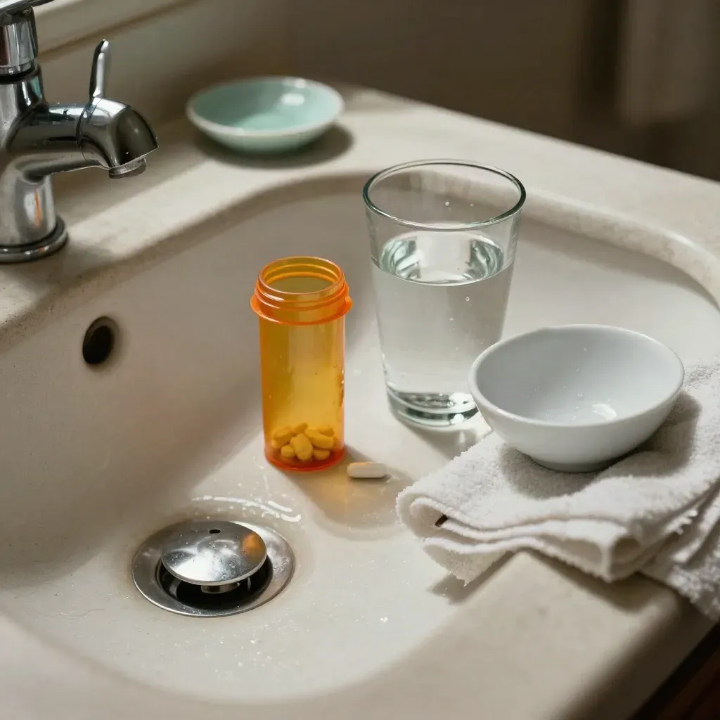 Bathroom sink with pill bottle, water glass, bowl, and damp washcloth in soft light.