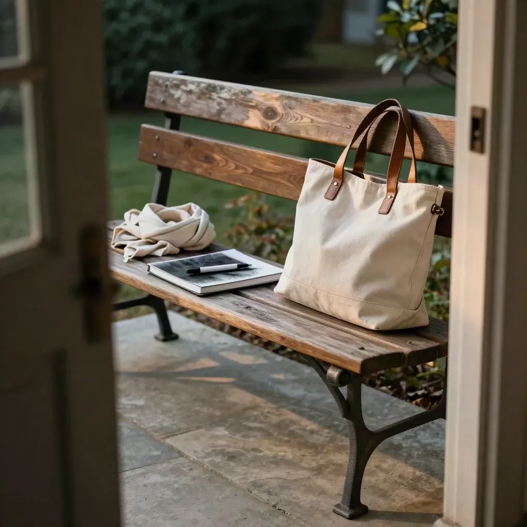 Porch bench with notebook, pen, scarf and tote in dusk light by a doorway.