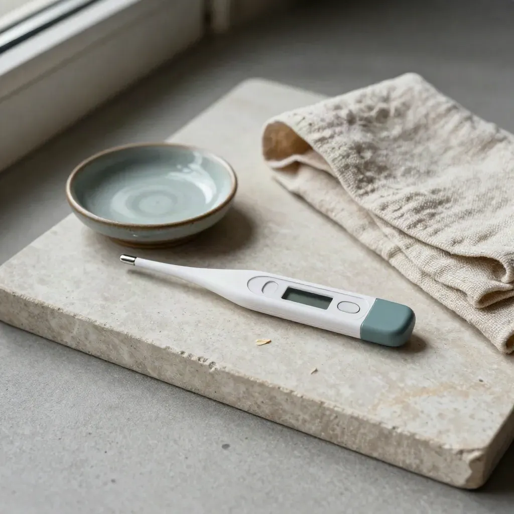 Digital thermometer, tissues, ceramic dish and linen cloth on a stone tray with soft window light