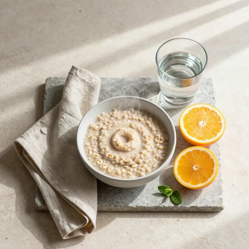 Overhead flatlay of oats, water, citrus halves, and a folded napkin on stone