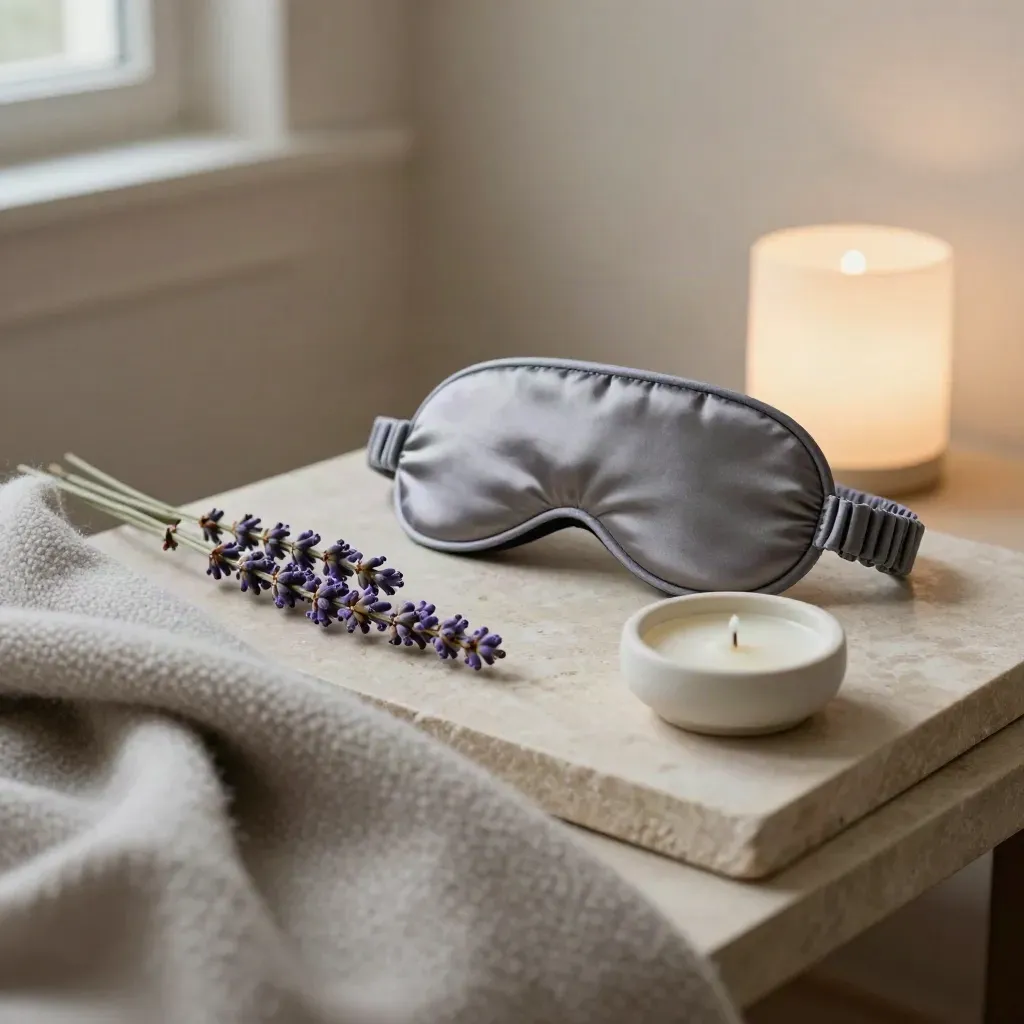 Sleep mask, lavender, candle dish and wool throw on a bedside tray in soft dim light