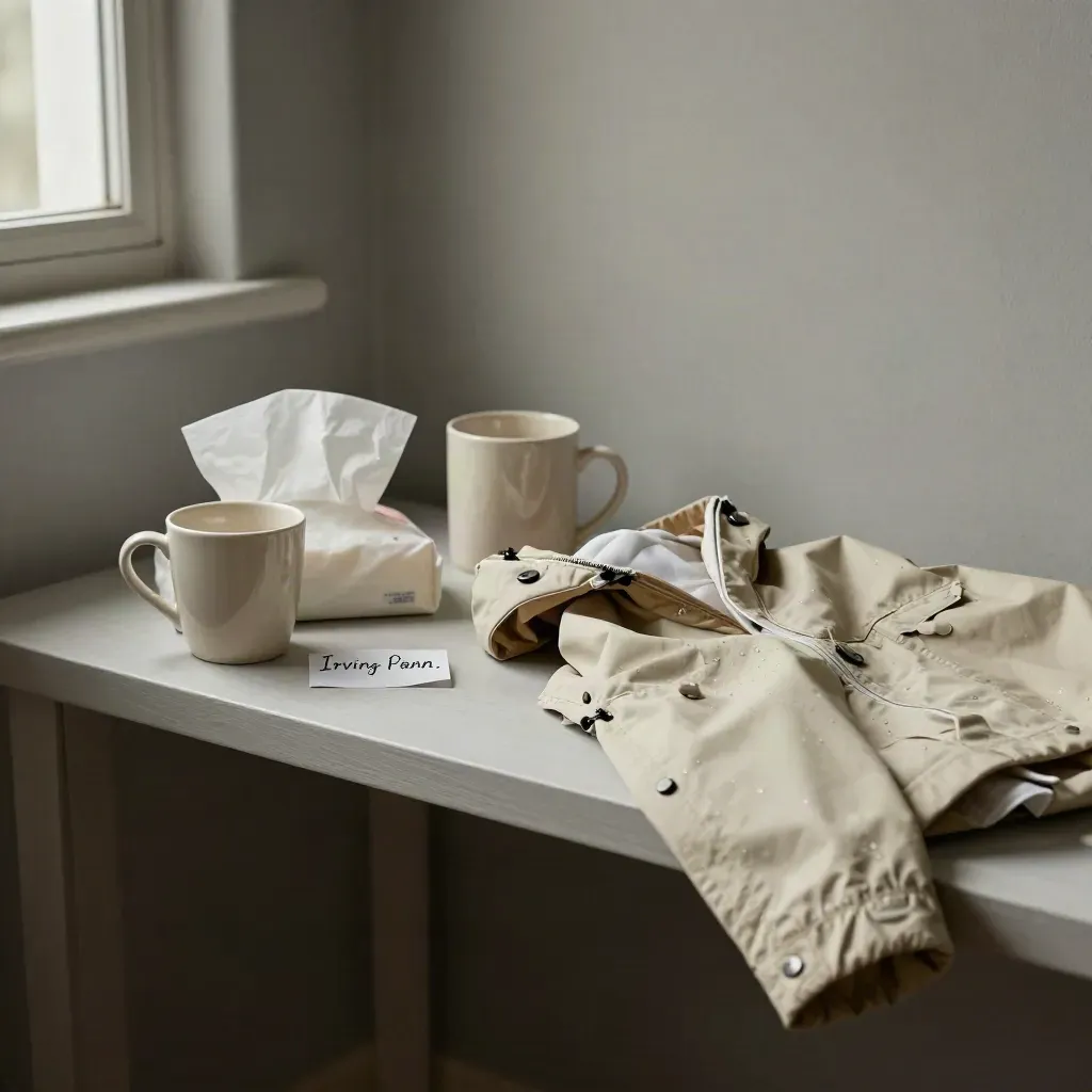 Child-size cup, adult mug, tissues and a folded rain jacket on a pale wood console shelf.